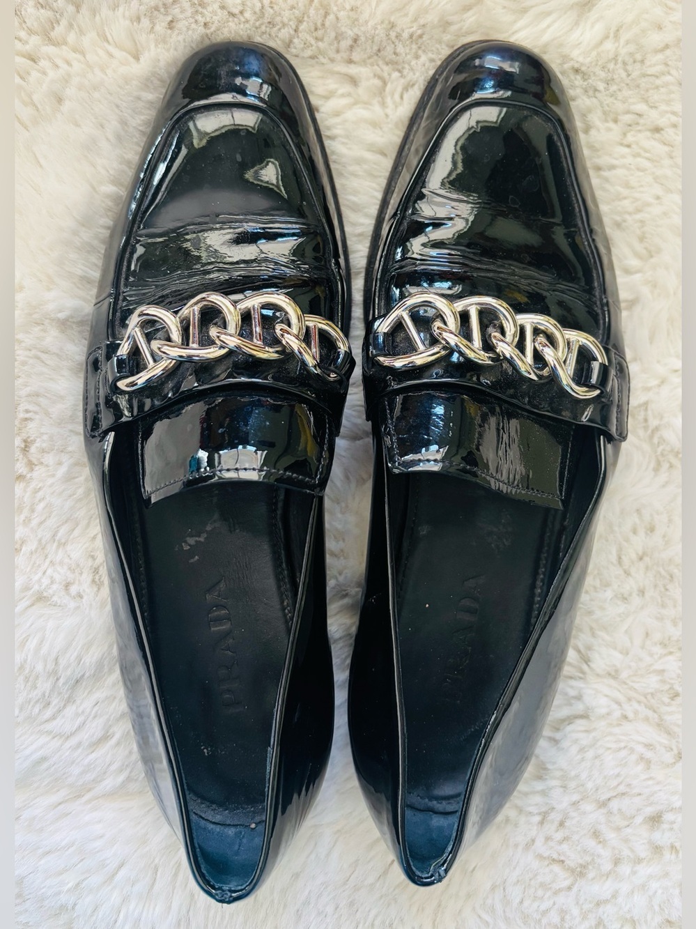 Prada Patent Leather Chain Loafer in Black w/Duster Bags Size: EU 38 OR US 7.5